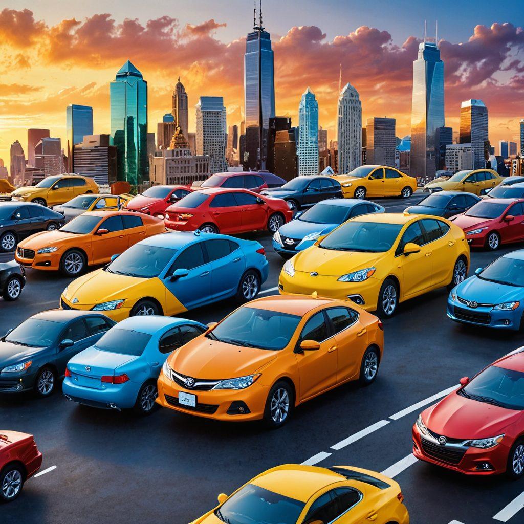A sleek, affordable car surrounded by various insurance symbols like shields and checkmarks, showcasing different coverage options in an engaging layout. The background features a city skyline to represent urban life, with vibrant colors and a hint of sunlight. Include various people of diverse backgrounds discussing and reviewing their insurance options enthusiastically. The overall composition should evoke a sense of community and empowerment in choosing insurance. super-realistic. vibrant colors. 3D.