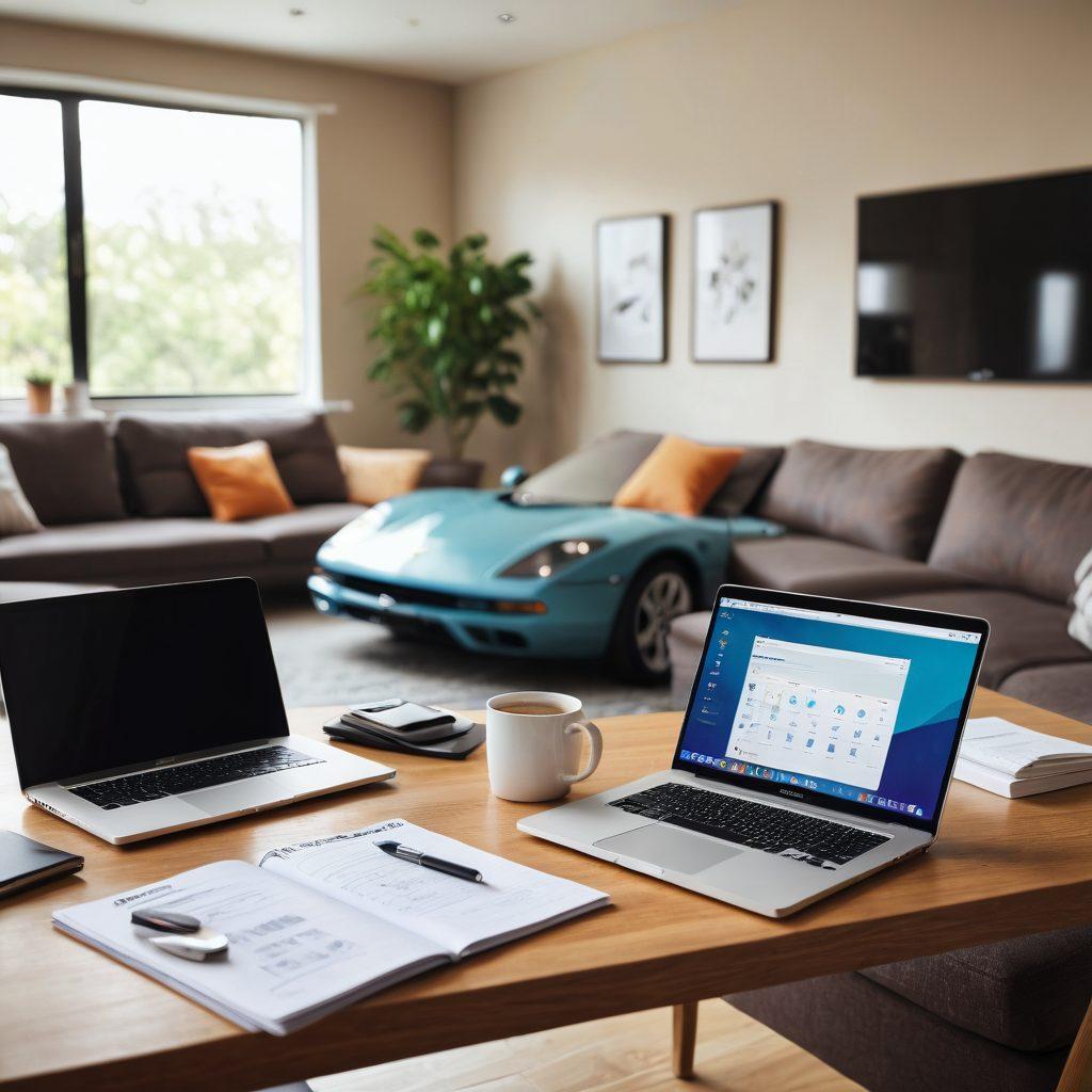 A cozy living room scene featuring an open laptop displaying car insurance options, surrounded by a notepad with budget calculations and a coffee cup. Include a car key on the table, symbolizing smart coverage choices. Soft, inviting lighting creates a warm atmosphere, suggesting helpful guidance. 3D. vibrant colors. modern style.